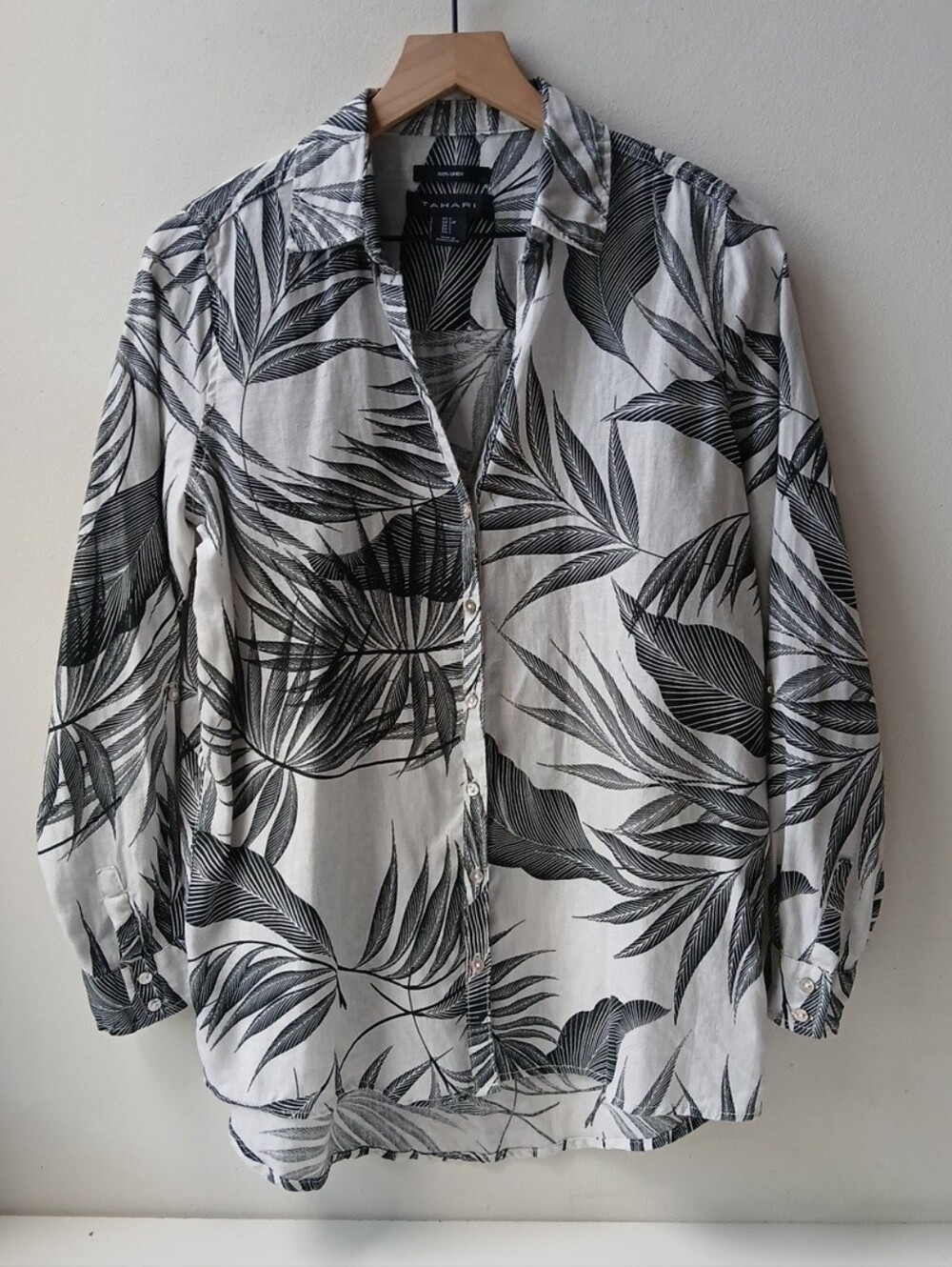 Tahari 100% Linen Tropical Print Button Front Shirt Women's Small